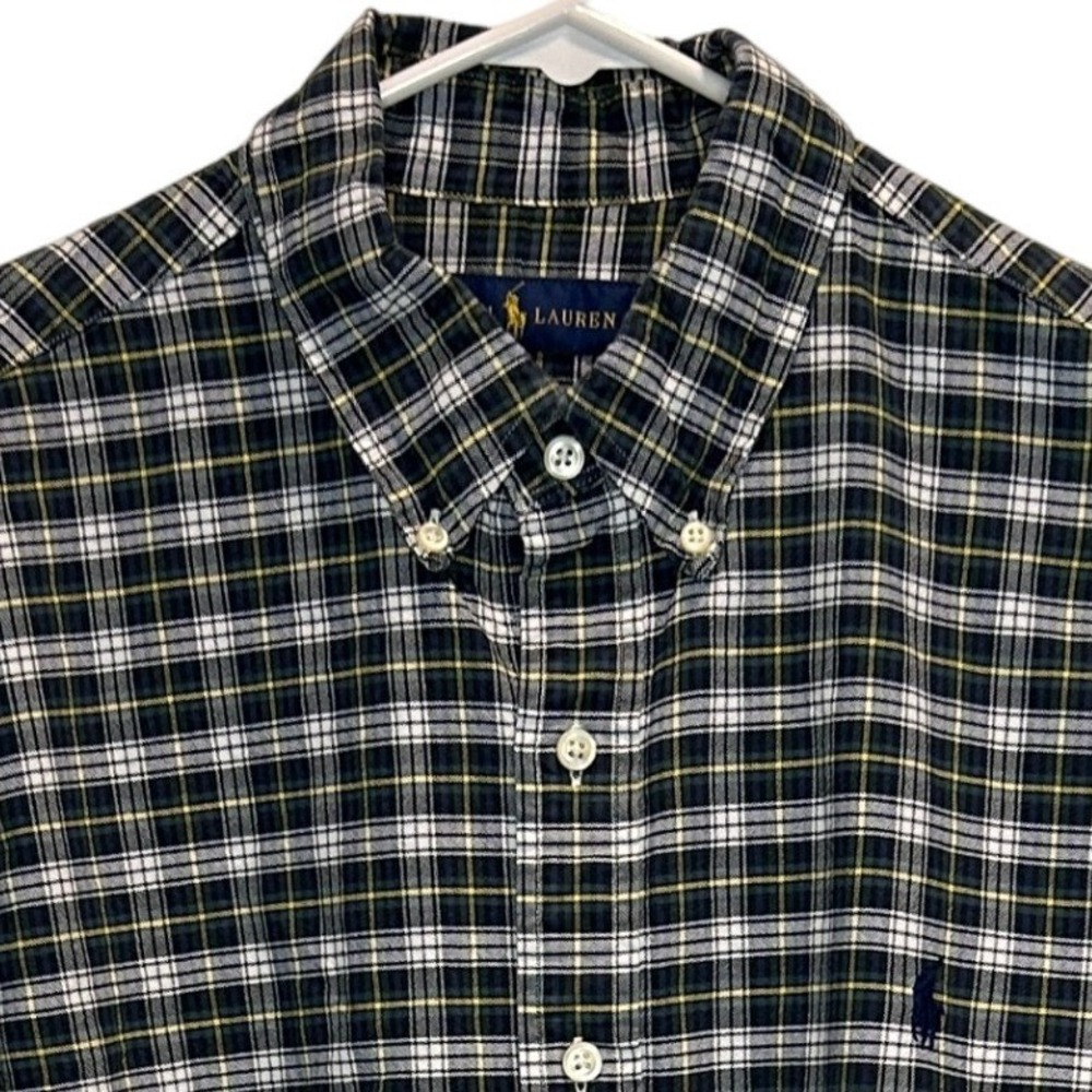 Ralph Lauren Plaid Button Down Shirt Large Mens Navy White Yellow Long Sleeve